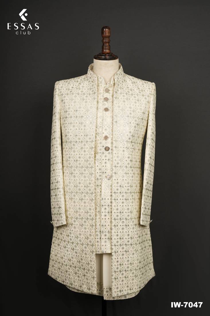 Ivory embroidered bandhgala suit for men