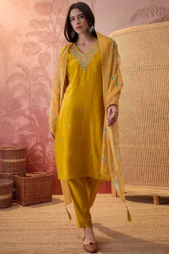 Mustard chanderi cotton embroidered kurta set.