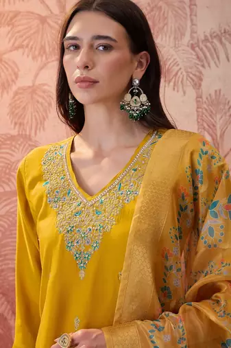 Mustard chanderi cotton embroidered kurta set.
