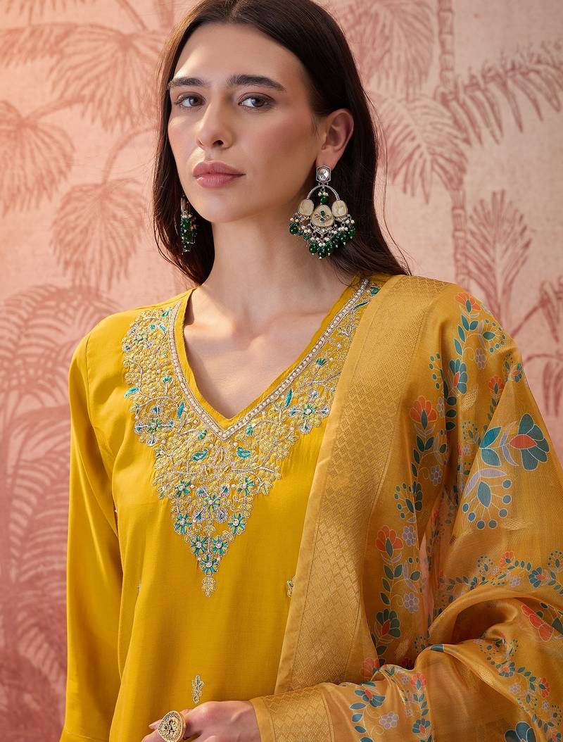 Mustard chanderi cotton embroidered kurta set.