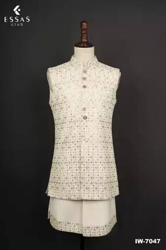 Ivory embroidered bandhgala suit for men