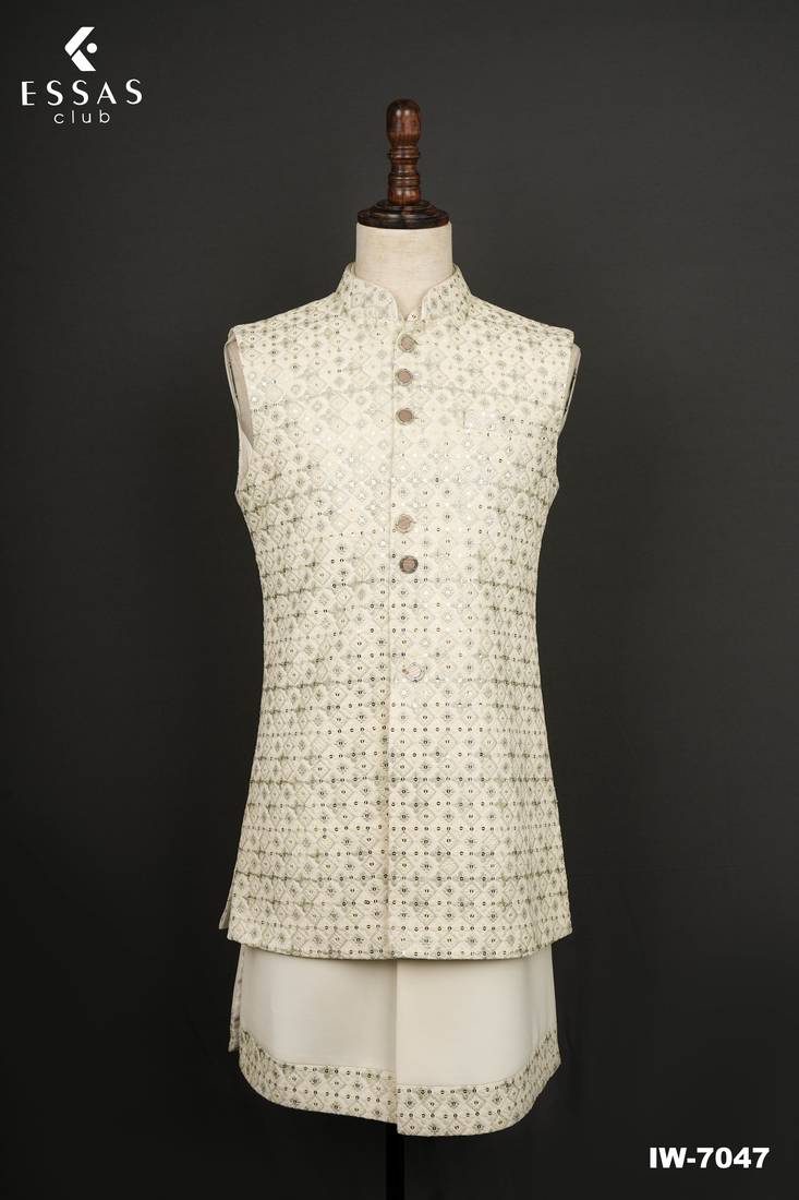 Ivory embroidered bandhgala suit for men
