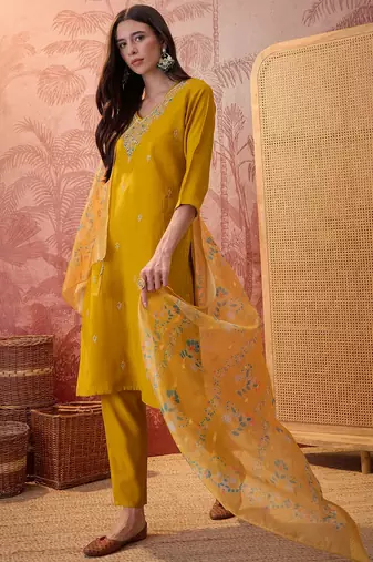 Mustard chanderi cotton embroidered kurta set.