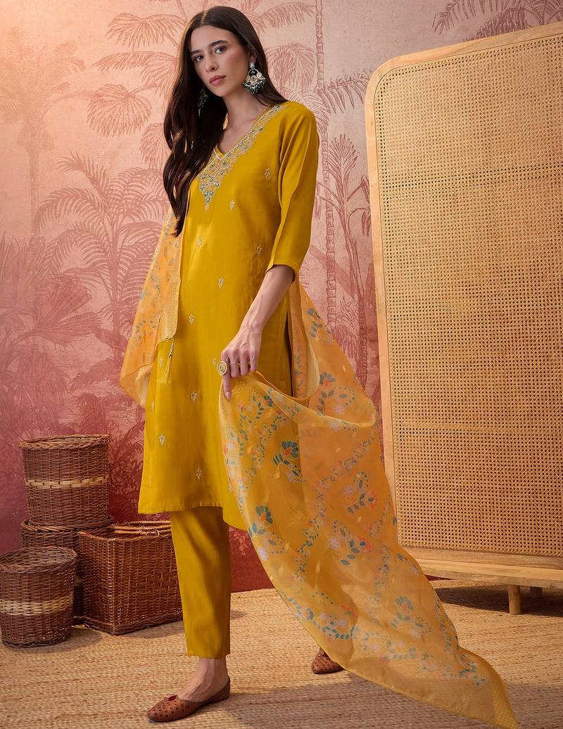 Mustard chanderi cotton embroidered kurta set.