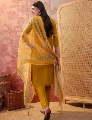 Mustard chanderi cotton embroidered kurta set. 5