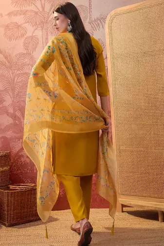 Mustard chanderi cotton embroidered kurta set.