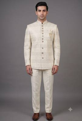 Ivory sequin embellished bandhgala suit for men 1