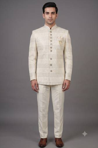 Ivory sequin embellished bandhgala suit for men