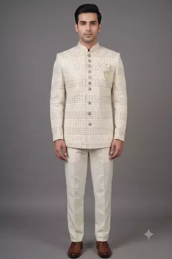 Ivory sequin embellished bandhgala suit for men
