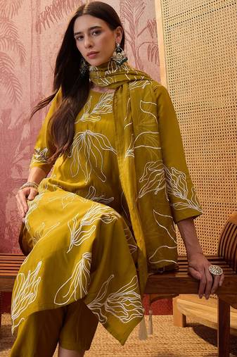 Olive chanderi cotton embroidered kurta set.