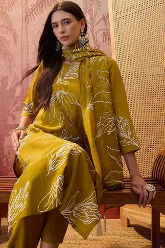 Olive chanderi cotton embroidered kurta set.