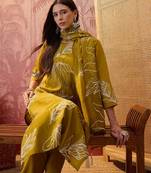 Olive chanderi cotton embroidered kurta set.