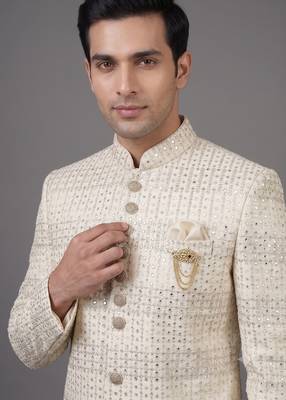 Ivory sequin embellished bandhgala suit for men 2