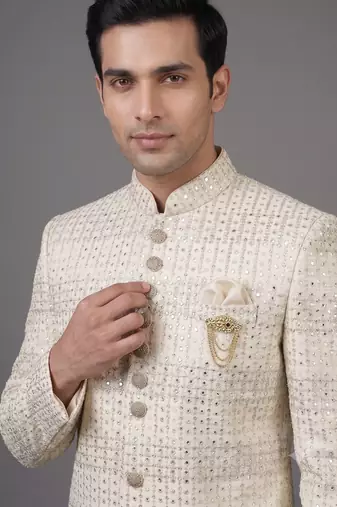 Ivory sequin embellished bandhgala suit for men