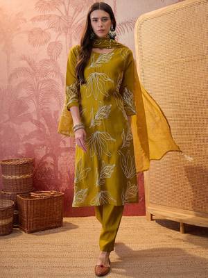 Olive chanderi cotton embroidered kurta set. 2