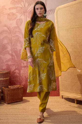 Olive chanderi cotton embroidered kurta set.
