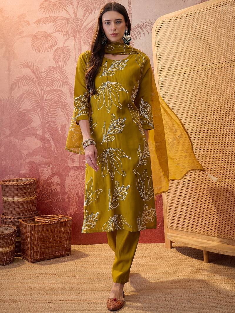 Olive chanderi cotton embroidered kurta set.