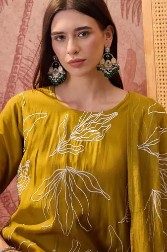 Olive chanderi cotton embroidered kurta set.