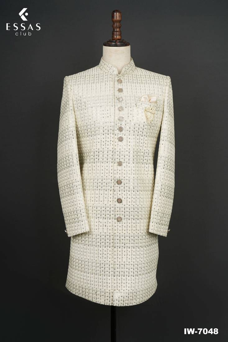 Ivory sequin embellished bandhgala suit for men