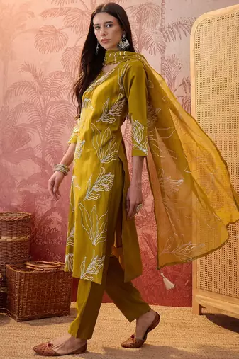 Olive chanderi cotton embroidered kurta set.