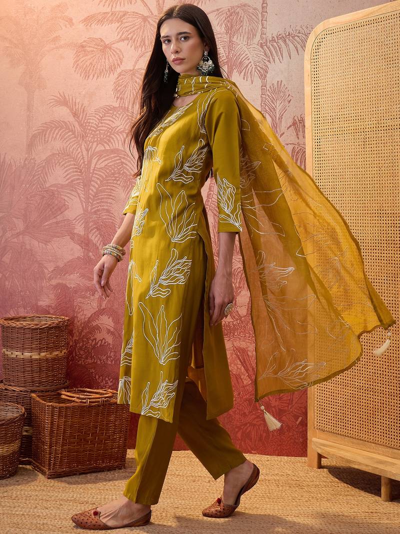 Olive chanderi cotton embroidered kurta set.