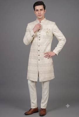 Ivory sequin embellished nawabi suit for men 1