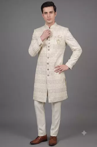 Ivory sequin embellished nawabi suit for men