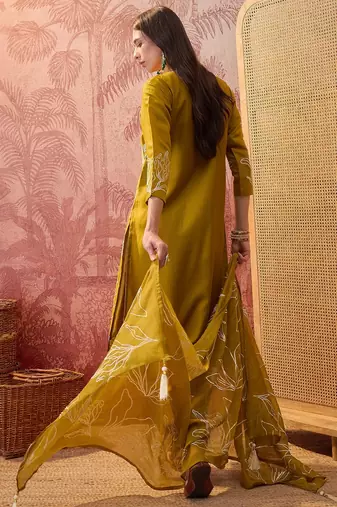 Olive chanderi cotton embroidered kurta set.
