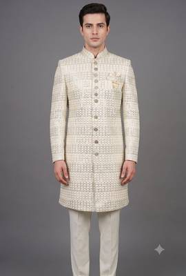 Ivory sequin embellished nawabi suit for men 2