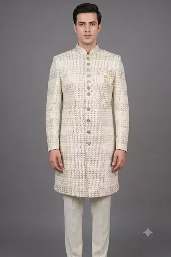 Ivory sequin embellished nawabi suit for men