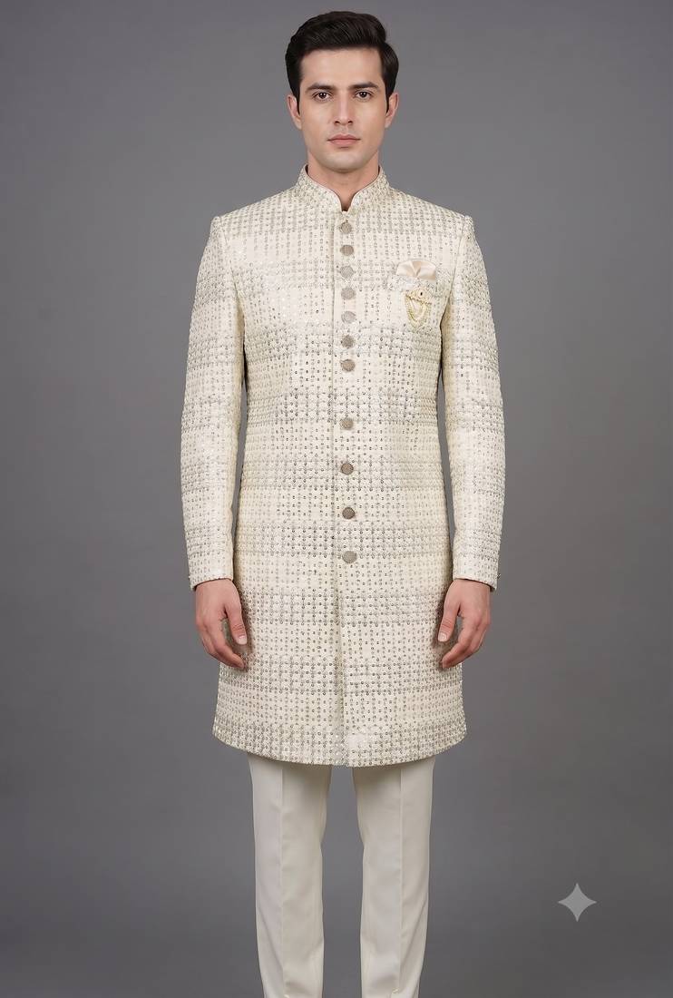 Ivory sequin embellished nawabi suit for men