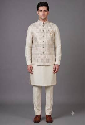Ivory sequin embellished nehru jacket for men 1