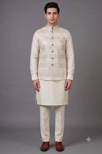 Ivory sequin embellished nehru jacket for men
