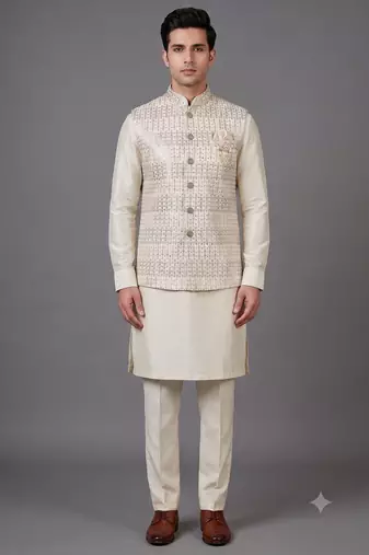 Ivory sequin embellished nehru jacket for men