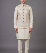 Ivory sequin embellished nehru jacket for men