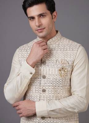 Ivory sequin embellished nehru jacket for men 2