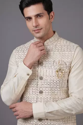 Ivory sequin embellished nehru jacket for men