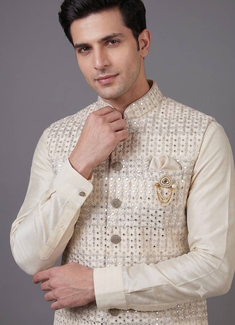 Ivory sequin embellished nehru jacket for men