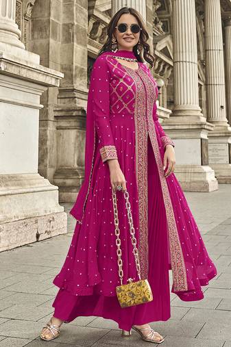 Embroidered georgette rani pink readymade salwar kameez