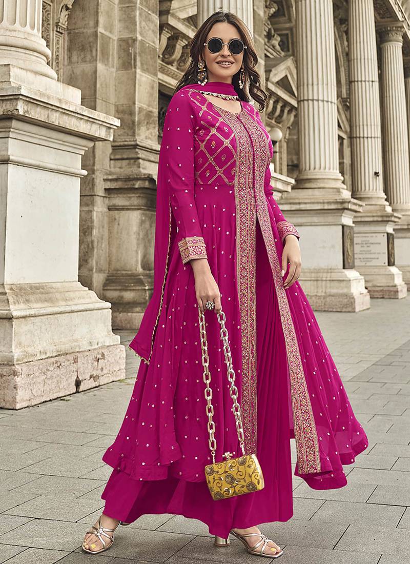 Embroidered georgette rani pink readymade salwar kameez