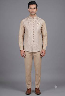 Champagne beige paisley jacquard nehru jacket for men 1