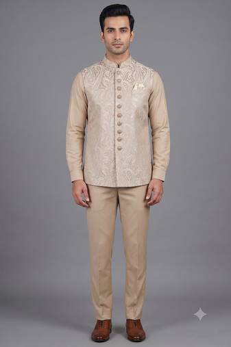 Champagne beige paisley jacquard nehru jacket for men