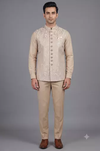 Champagne beige paisley jacquard nehru jacket for men
