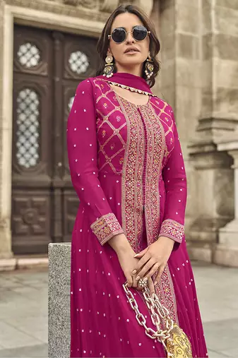 Embroidered georgette rani pink readymade salwar kameez