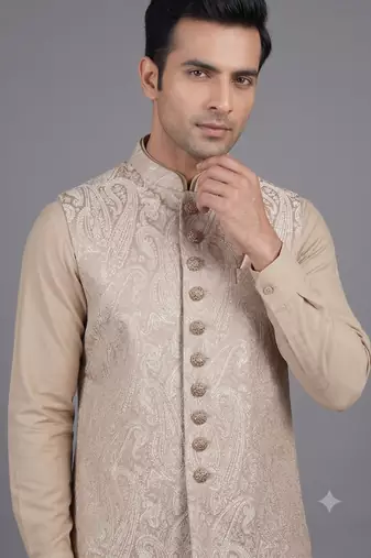 Champagne beige paisley jacquard nehru jacket for men