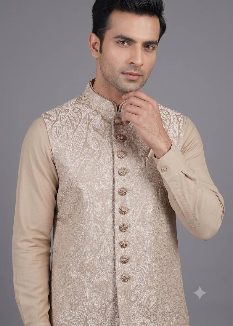 Champagne beige paisley jacquard nehru jacket for men