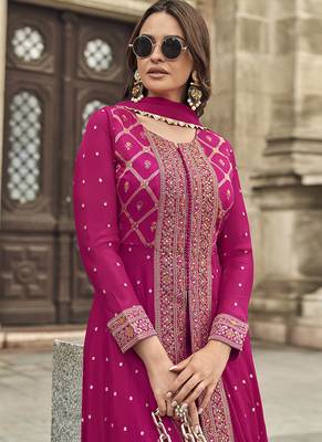 Embroidered georgette rani pink readymade salwar kameez 4