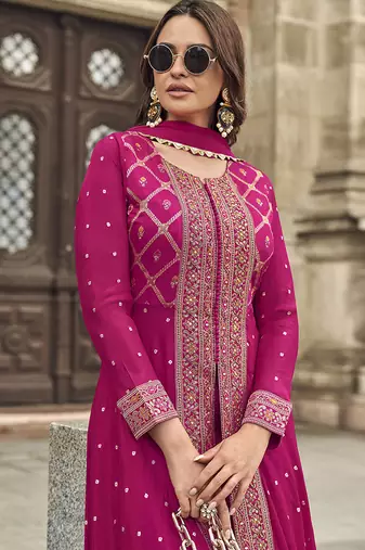 Embroidered georgette rani pink readymade salwar kameez