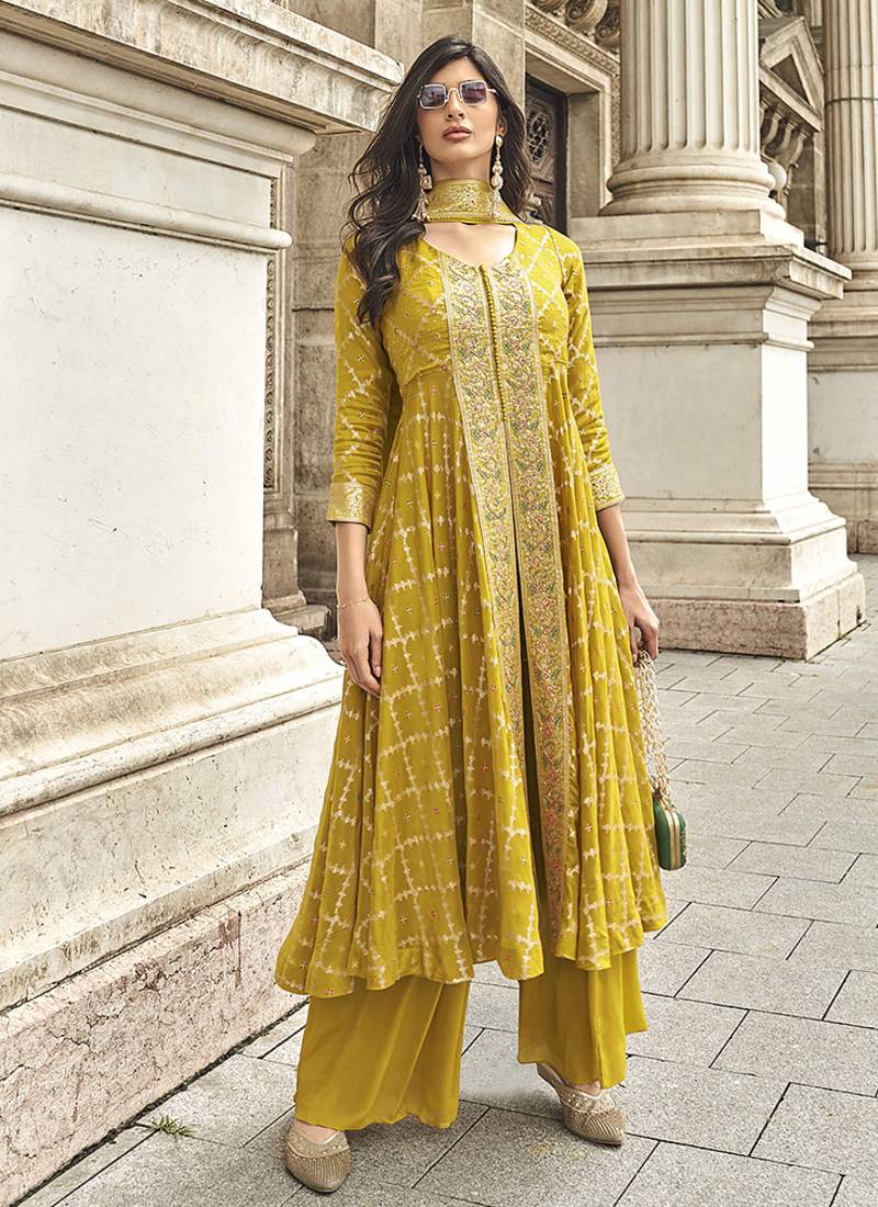 Embroidered georgette mustard readymade salwar kameez