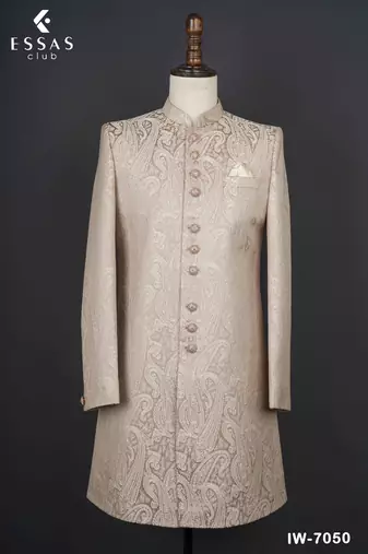 Champagne beige paisley jacquard nehru jacket for men